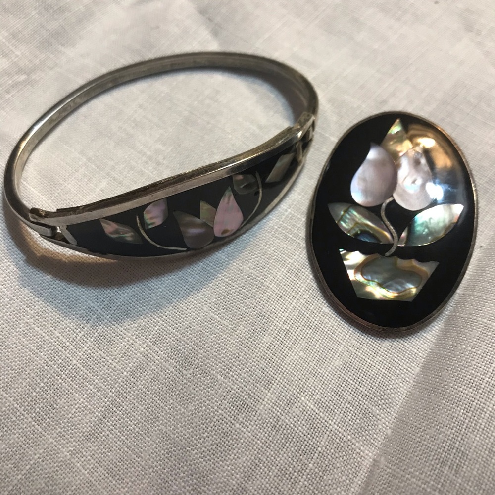 Vintage abalone inlay bracelet brooch pin signed
